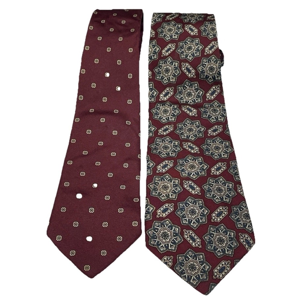 Lot of 2 Christian Dior Mens Silk Ties Burgundy Medallion & Neat Geometric‎
